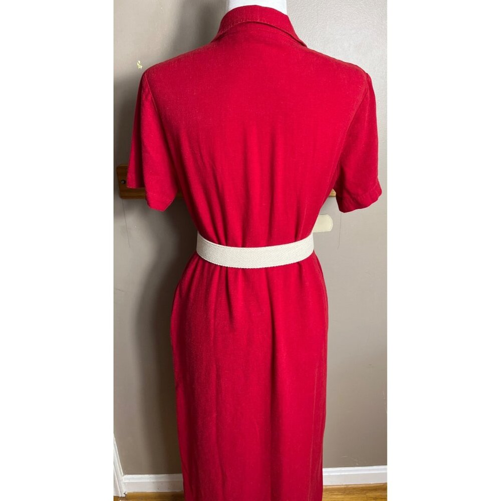 Vtg Orvis Linen Blend Dress Red Button Up Midi Pockets 90s Classic Preppy Wom 12 - Picture 9 of 11